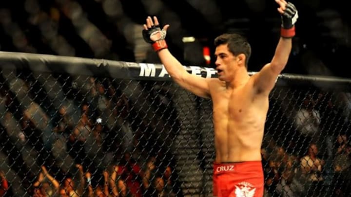 Sep 27, 2014; Las Vegas, NV, USA; Dominick Cruz celebrates his knockout victory in the first round over Takeya Mizugaki during a bantamweight fight in UFC 178 at MGM Grand Garden Arena. Mandatory Credit: Stephen R. Sylvanie-USA TODAY Sports