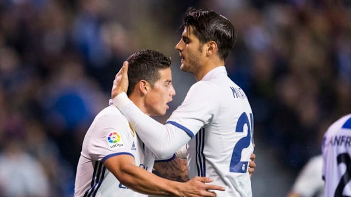 LA CORUNA, SPAIN - APRIL 26: James Rodriguez of Real Madrid celebrates with his teammates Alvaro Morata of Real Madrid after scoring his team's fourth goal during the La Liga match between RC Deportivo La Coruna and Real Madrid at Riazor Stadium on April 26, 2017 in La Coruna, Spain. (Photo by Juan Manuel Serrano Arce/Getty Images)