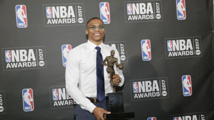 NEW YORK - JUNE 26: Russell Westbrook of the OKCThunder after winning the Most Valuable Player of the Year award at the 2017 NBA Awards Show on June 26, 2017 at Basketball City in New York City. Copyright 2017 NBAE (Photo by Steven Freeman/NBAE via Getty Images)