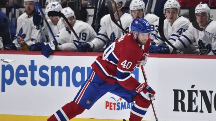 MONTREAL, QC - FEBRUARY 08: Joel Armia #40 of the Montreal Canadiens skates against the Toronto Maple Leafs during the second period at the Bell Centre on February 8, 2020 in Montreal, Canada. The Montreal Canadiens defeated the Toronto Maple Leafs 2-1 in overtime. (Photo by Minas Panagiotakis/Getty Images)