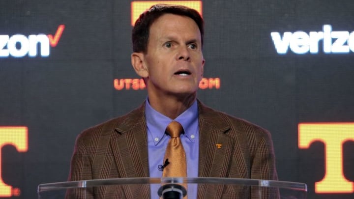 Feb 25, 2016; Knoxville, TN, USA; Tennessee Volunteers Vice Chancellor/Director of athletics Dave Hart speaks at the Brenda Lawson Athletic Center. Mandatory Credit: Randy Sartin-USA TODAY Sports
