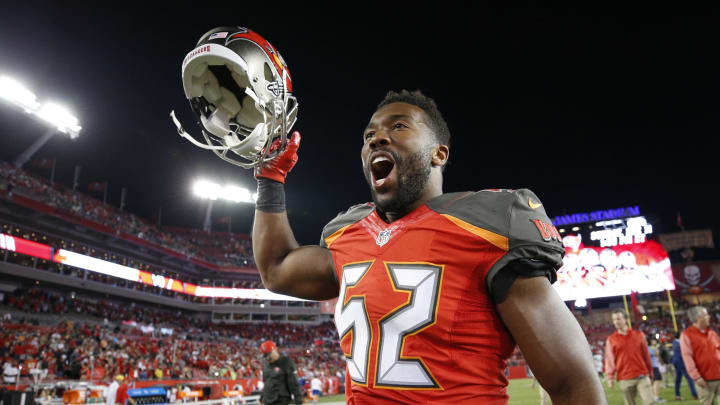 TAMPA, FL – November 27: Cameron Lynch #52 of the Tampa Bay Buccaneers celebrates after the game against the Seattle Seahawks at Raymond James Stadium on November 27, 2016, in Tampa, Florida. The Buccaneers defeated the Seahawks 14-5. (Photo by Joe Robbins/Getty Images)