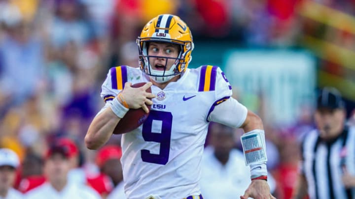 BATON ROUGE, LA - OCTOBER 13: LSU Tigers quarterback Joe Burrow (9) rushes the ball during a game between the LSU Tigers and the Georgia Bulldogs on October 13, 2018, at Tiger Stadium in Baton Rouge, Louisiana. (Photo by John Korduner/Icon Sportswire via Getty Images)
