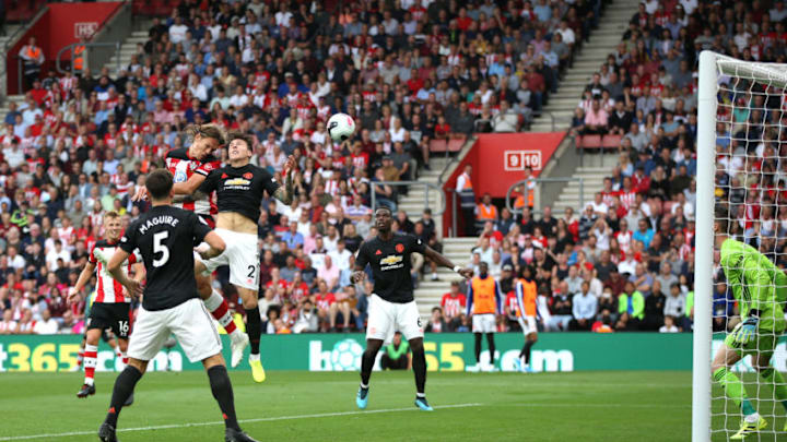 SOUTHAMPTON, ENGLAND – AUGUST 31: Jannik Vestergaard of Southampton scores his team’s first goal during the Premier League match between Southampton FC and Manchester United at St Mary’s Stadium on August 31, 2019 in Southampton, United Kingdom. (Photo by Steve Bardens/Getty Images)