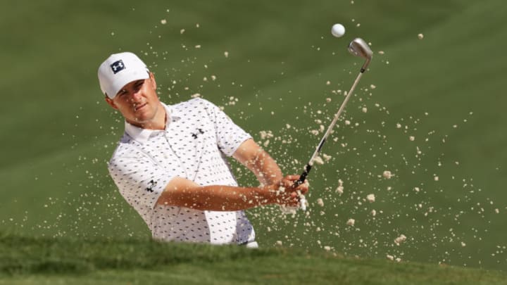 AUGUSTA, GEORGIA - APRIL 06: Jordan Spieth of the United States plays a shot from a bunker on the tenth hole during a practice round prior to the Masters at Augusta National Golf Club on April 06, 2021 in Augusta, Georgia. (Photo by Kevin C. Cox/Getty Images)