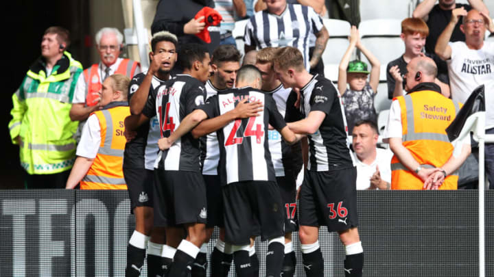 NEWCASTLE UPON TYNE, ENGLAND - AUGUST 31: Fabian Schar of Newcastle United celebrates with teammates after scoring his team's first goal during the Premier League match between Newcastle United and Watford FC at St. James Park on August 31, 2019 in Newcastle upon Tyne, United Kingdom. (Photo by Ian MacNicol/Getty Images)