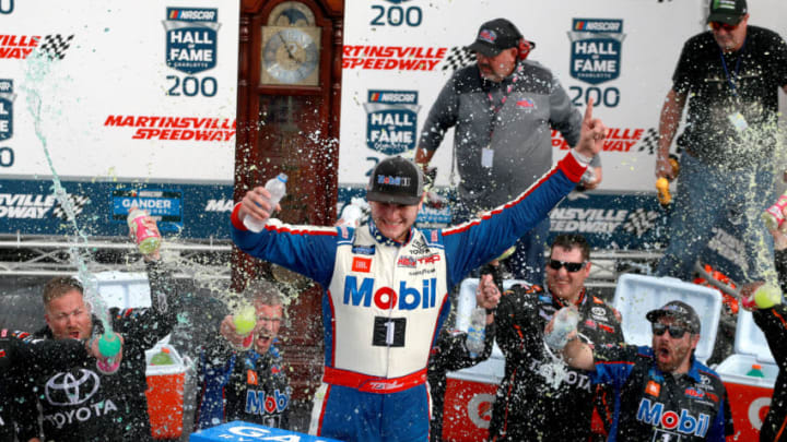 MARTINSVILLE, VIRGINIA - OCTOBER 26: Todd Gilliland, driver of the #4 Mobil 1 Toyota, celebrates in Victory Lane after winning the NASCAR Gander Outdoor Truck Series NASCAR Hall of Fame 200 at Martinsville Speedway on October 26, 2019 in Martinsville, Virginia. (Photo by Matt Sullivan/Getty Images)