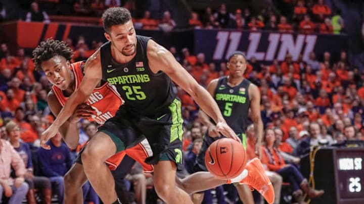 CHAMPAIGN, IL - FEBRUARY 05: Ayo Dosunmu #11 of the Illinois Fighting Illini and Kenny Goins #25 of the Michigan State Spartans chase down the ball during the first half of the game at State Farm Center on February 5, 2019 in Champaign, Illinois. (Photo by Michael Hickey/Getty Images)