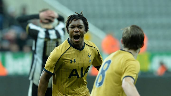 NEWCASTLE UPON TYNE, ENGLAND - FEBRUARY 27: Kazaiah Sterling of Tottenham Hotspur celebrates scoring a goal in the second half during the FA Youth Cup Sixth Round match between Newcastle United and Tottenham Hotspur at St James' Park on February 27, 2017 in Newcastle upon Tyne, England. (Photo by Mark Runnacles/Getty Images)