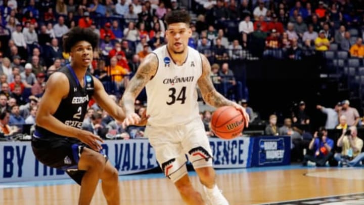 NASHVILLE, TN – MARCH 16: Jarron Cumberland #34 of the Cincinnati Bearcats drives to the basket against Malik Benlevi #2 of the Georgia State Panthers during the game in the first round of the 2018 NCAA Men’s Basketball Tournament at Bridgestone Arena on March 16, 2018, in Nashville, Tennessee. (Photo by Frederick Breedon/Getty Images)