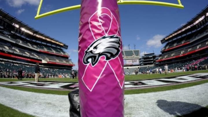 Oct 5, 2014; Philadelphia, PA, USA; A general view of the breast cancer awareness logo on the goal post prior to the game between the Philadelphia Eagles and the St. Louis Rams at Lincoln Financial Field. Mandatory Credit: Eric Hartline-USA TODAY Sports