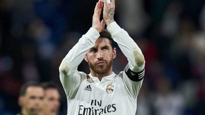 MADRID, SPAIN - MARCH 31: Sergio Ramos of Real Madrid salutes the crowd at the end of the game during the La Liga match between Real Madrid CF and SD Huesca at Estadio Santiago Bernabeu on March 31, 2019 in Madrid, Spain. (Photo by Quality Sport Images/Getty Images)