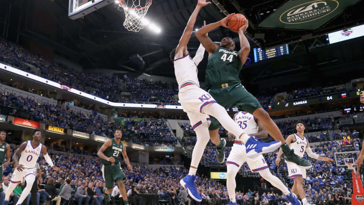 INDIANAPOLIS, IN – NOVEMBER 06: Nick Ward #44 of the Michigan State Spartans shoots the ball against the Kansas Jayhawks during the State Farm Champions Classic at Bankers Life Fieldhouse on November 6, 2018 in Indianapolis, Indiana. (Photo by Andy Lyons/Getty Images)