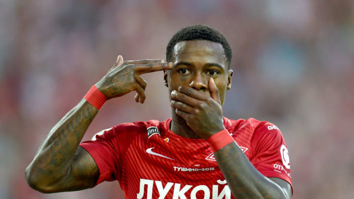 MOSCOW, RUSSIA – AUGUST 09: Quincy Promes FC Spartak celebrates after scoring a goal during the Russian Premier League match between FC Spartak Moscow and FC Arsenal Tula at Otkrytie Arena stadium on August 09, 2017 in Moscow, Russia. (Photo by Epsilon/Getty Images)