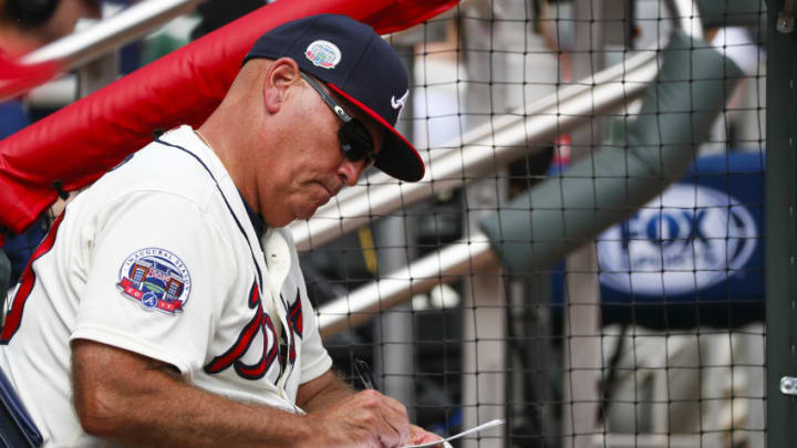 ATLANTA, GA - SEPTEMBER 24: Brian Snitker, manager of the Atlanta Braves watches on in the fifth inning of an MLB game against the Philadelphia Phillies at SunTrust Park on September 24, 2017 in Atlanta, Georgia. The Philadelphia Phillies won the game 2-0. (Photo by Todd Kirkland/Getty Images)