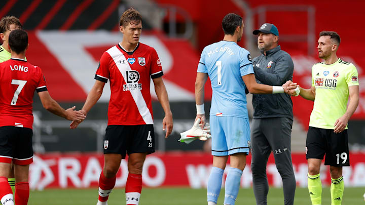 Ralph Hasenhuttl, Manager of Southampton celebrates with Alex McCarthy (Photo by Andrew Boyers/Pool via Getty Images)