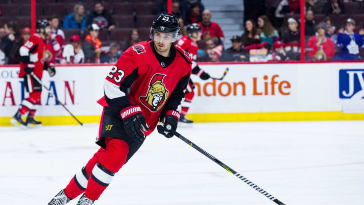 OTTAWA, ON - FEBRUARY 15: Ottawa Senators Center Nick Shore (23) skates during warm-up before National Hockey League action between the Buffalo Sabres and Ottawa Senators on February 15, 2018, at Canadian Tire Centre in Ottawa, ON, Canada. (Photo by Richard A. Whittaker/Icon Sportswire via Getty Images)