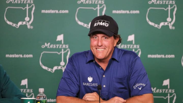 AUGUSTA, GEORGIA - APRIL 05: Phil Mickelson of the United States speaks to the media during a practice round prior to the start of the 2016 Masters Tournament at Augusta National Golf Club on April 5, 2016 in Augusta, Georgia. (Photo by David Cannon/Getty Images)