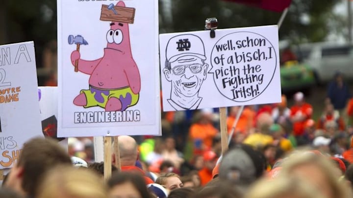 Oct 3, 2015; Clemson, SC, USA; A general view of fans at the set of ESPN College GameDay set prior to the game between the Clemson Tigers and the Notre Dame Fighting Irish at Clemson Memorial Stadium. Mandatory Credit: Joshua S. Kelly-USA TODAY Sports