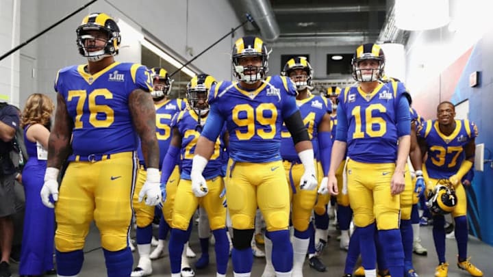 ATLANTA, GA - FEBRUARY 03: Rodger Saffold #76, Aaron Donald #99, and Jared Goff #16 of the Los Angeles Rams prepare to take the field prior to kickoff at Super Bowl LIII against the New England Patriots at Mercedes-Benz Stadium on February 3, 2019 in Atlanta, Georgia. (Photo by Jamie Squire/Getty Images)