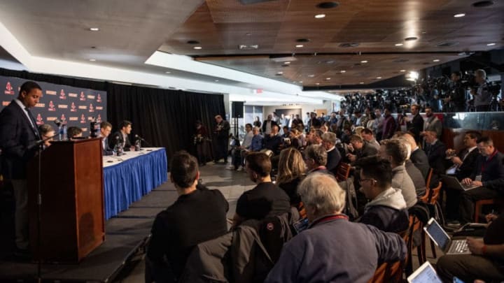 BOSTON, MA - JANUARY 15: Members of the media attend a press conference addressing the departure of manager Alex Cora of the Boston Red Sox on January 15, 2020 at Fenway Park in Boston, Massachusetts. (Photo by Billie Weiss/Boston Red Sox/Getty Images)