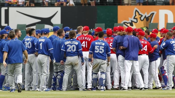 May 15, 2016; Arlington, TX, USA; Toronto Blue Jays and Texas Rangers clear the benches in the eighth inning at Globe Life Park in Arlington. Texas won 7-6. Mandatory Credit: Tim Heitman-USA TODAY Sports