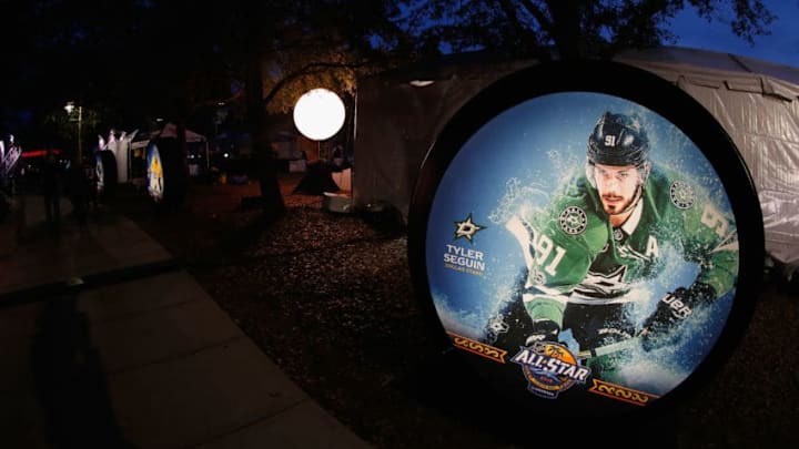 TAMPA, FL - JANUARY 26: A general view of All-Star signage during the PreGame at Cotanchbee Park on January 26, 2018 in Tampa, Florida. (Photo by Eliot J. Schechter/NHLI via Getty Images)