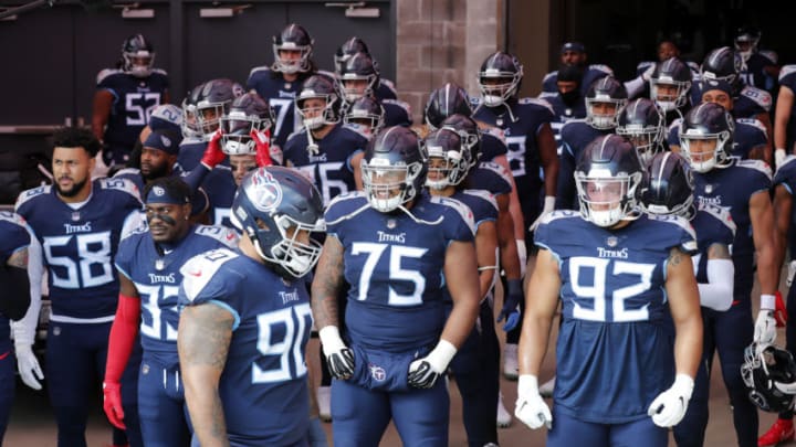 NASHVILLE, TENNESSEE - JANUARY 10: The Tennessee Titans prepare to take the field prior to their AFC Wild Card Playoff game against the Baltimore Ravens at Nissan Stadium on January 10, 2021 in Nashville, Tennessee. (Photo by Wesley Hitt/Getty Images)