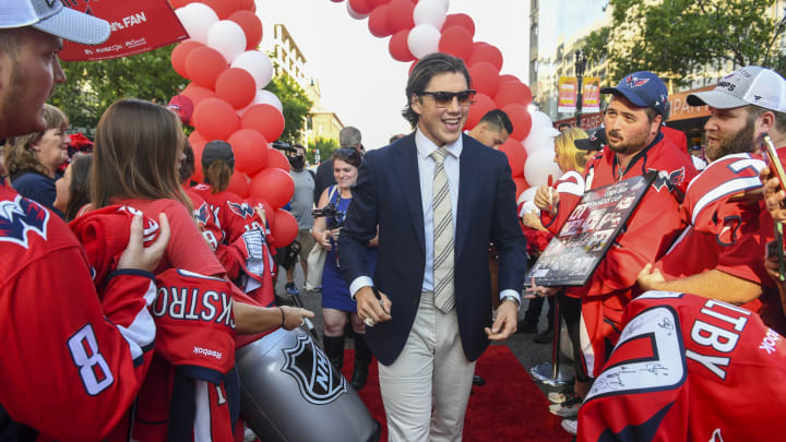 WASHINGTON, DC – OCTOBER 3: T.J. Oshie #77 of the Washington Capitals walks the red carpet prior to action against the Boston Bruins at Capital One Arena. (Photo by Jonathan Newton / The Washington Post via Getty Images)