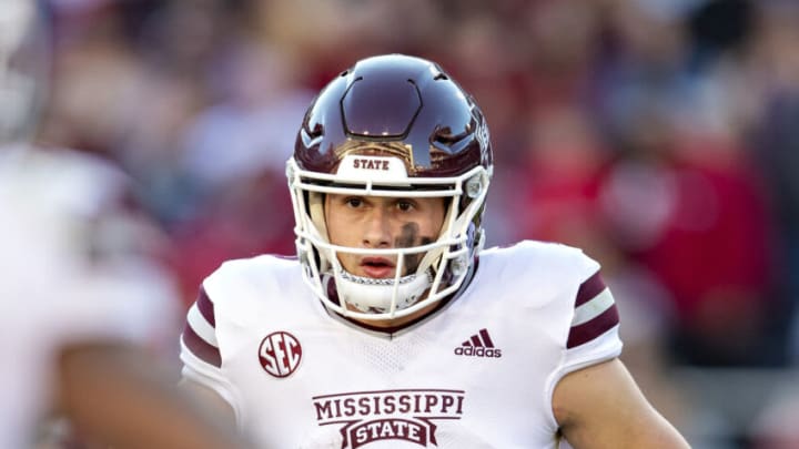 FAYETTEVILLE, ARKANSAS - NOVEMBER 6: Will Rogers #2 of the Mississippi State Bulldogs looks to the sidelines during a game against the Arkansas Razorbacks at Donald W. Reynolds Stadium on November 6, 2021 in Fayetteville, Arkansas. The Razorbacks defeated the Bulldogs 31-28. (Photo by Wesley Hitt/Getty Images)