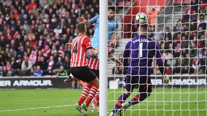 SOUTHAMPTON, ENGLAND - APRIL 15: Sergio Aguero of Manchester City scores his sides third goal during the Premier League match between Southampton and Manchester City at St Mary's Stadium on April 15, 2017 in Southampton, England. (Photo by Mike Hewitt/Getty Images)
