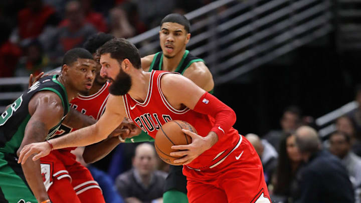 CHICAGO, IL - DECEMBER 11: Nikola Mirotic #44 of the Chicago Bulls moves against the Boston Celtics at the United Center on December 11, 2017 in Chicago, Illinois. The Bulls defeated the Celtics 108-85. NOTE TO USER: User expressly acknowledges and agrees that, by downloading and or using this photograph, User is consenting to the terms and conditions of the Getty Images License Agreement. (Photo by Jonathan Daniel/Getty Images)