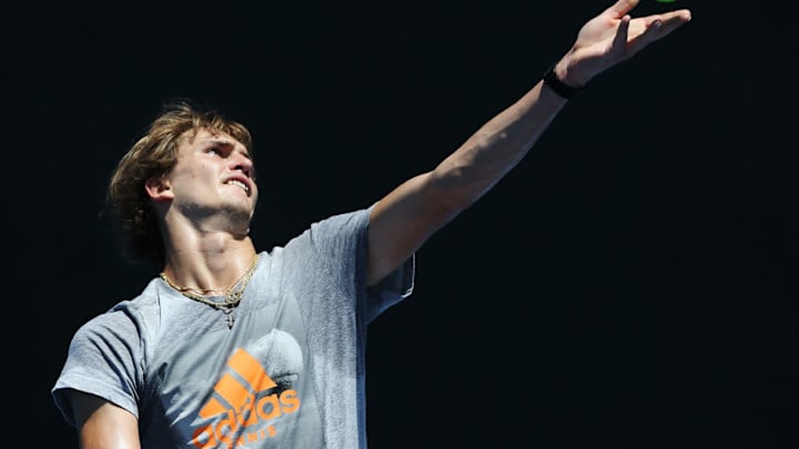 MELBOURNE, AUSTRALIA - JANUARY 11: Alexander Zverev of Russia serves during a practice session ahead of the 2018 Australian Open at Melbourne Park on January 11, 2018 in Melbourne, Australia. (Photo by Michael Dodge/Getty Images)