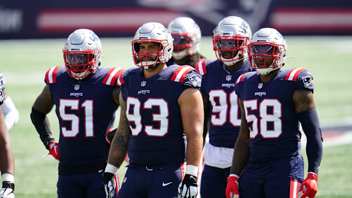 FOXBOROUGH, MASSACHUSETTS – SEPTEMBER 13: Members of the Patriots defense wait between plays during an NFL game against the Miami Dolphins, Sunday, Sep. 13, 2020, in Foxborough, Mass. (Photo by Cooper Neill/Getty Images)