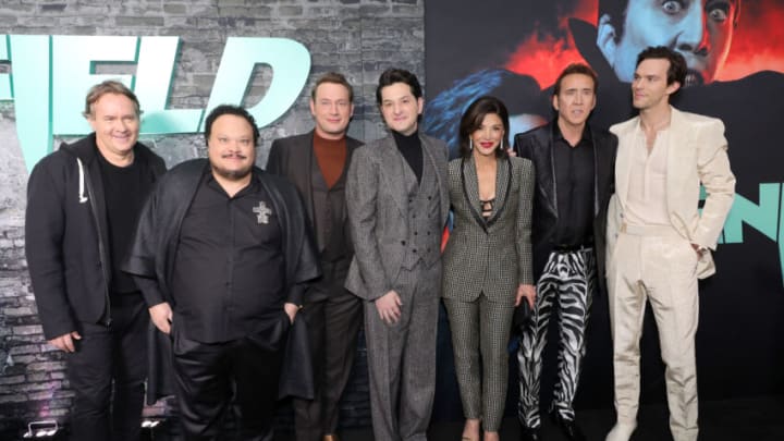 NEW YORK, NEW YORK - MARCH 28: (L-R) Chris McKay, Adrian Martinez, Brandon Scott, Ben Schwartz, Shohreh Aghdashloo, Nicolas Cage and Nicholas Hoult attend the Universal Pictures' "Renfield" New York Premiere at Museum of Modern Art on March 28, 2023 in New York City. (Photo by Michael Loccisano/WireImage)