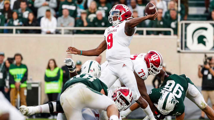 Indiana quarterback Michael Penix Jr. passes against Michigan State during the second half at Spartan Stadium in East Lansing, Saturday, Sept. 28, 2019. Michael Penix Jr.