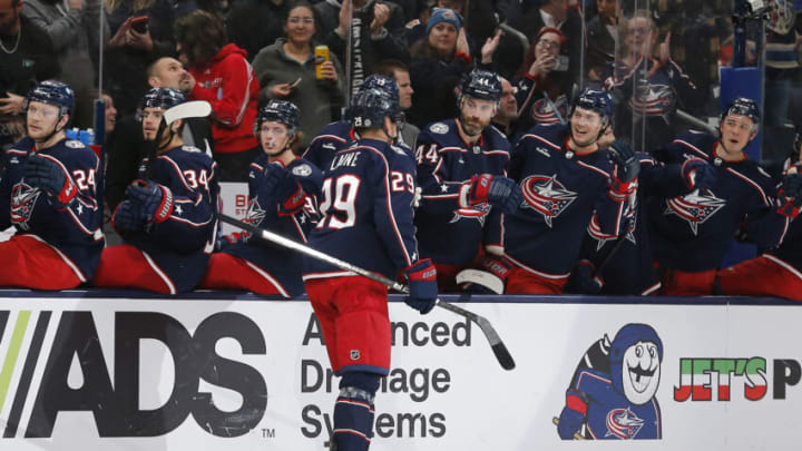 Feb 16, 2023; Columbus, Ohio, USA; Columbus Blue Jackets right wing Patrik Laine (29) celebrates his goal against the Winnipeg Jets during the second period at Nationwide Arena. Mandatory Credit: Russell LaBounty-USA TODAY Sports