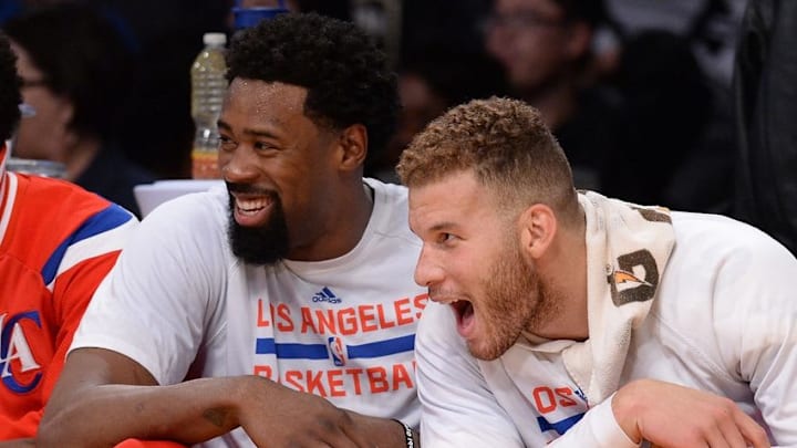 Apr 5, 2015; Los Angeles, CA, USA; Los Angeles Clippers forward Blake Griffin (32) and center DeAndre Jordan (6) on the bench in the fourth quarter of the game against the Los Angeles Lakers at Staples Center. Clippers won 106-78. Mandatory Credit: Jayne Kamin-Oncea-USA TODAY Sports