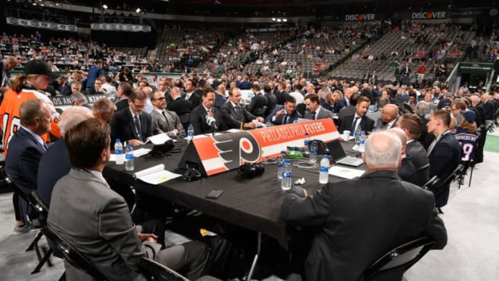 DALLAS, TX - JUNE 22: A general view of the Philadelphia Flyers draft table is seen during the first round of the 2018 NHL Draft at American Airlines Center on June 22, 2018 in Dallas, Texas. (Photo by Brian Babineau/NHLI via Getty Images)