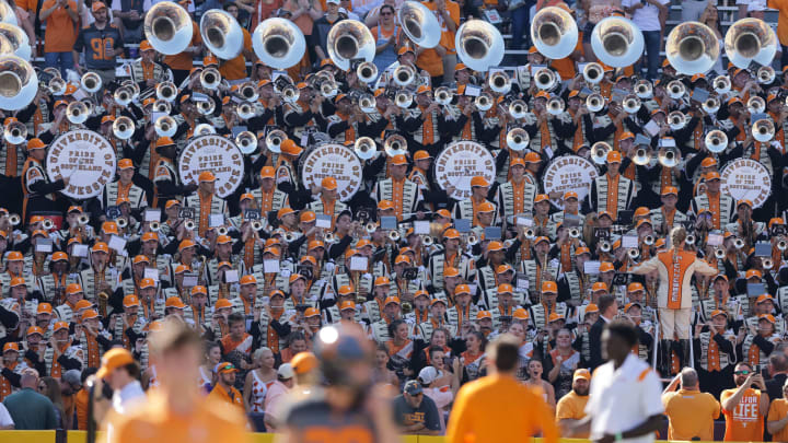 Oct 8, 2022; Baton Rouge, Louisiana, USA; Tennessee Volunteers band plays as players enter the field against the LSU Tigers during warm ups at Tiger Stadium. Mandatory Credit: Stephen Lew-USA TODAY Sports