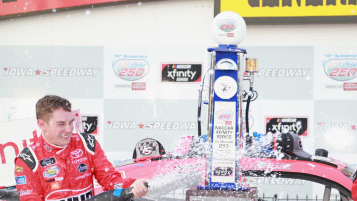 NEWTON, IA - JULY 28: Christopher Bell, driver of the #20 Ruud Toyota, celebrates in Victory Lane after winning the NASCAR Xfinity Series U.S. Cellular 250 presented by The Rasmussen Group at Iowa Speedway on July 28, 2018 in Newton, Iowa. (Photo by Matt Sullivan/Getty Images)