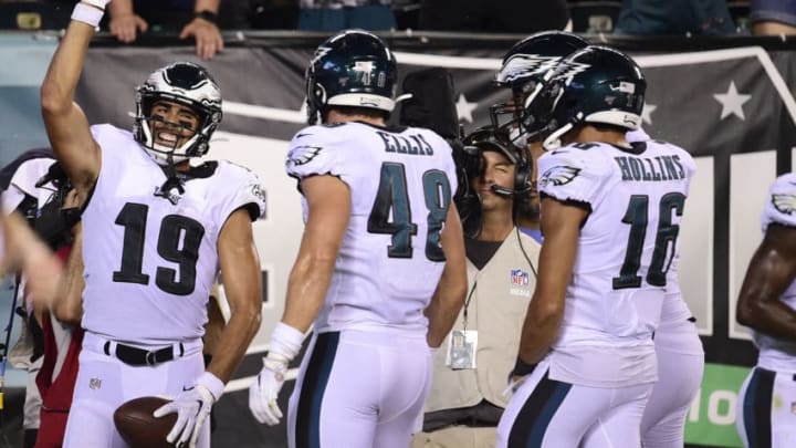 PHILADELPHIA, PA - AUGUST 22: J.J. Arcega-Whiteside #19 of the Philadelphia Eagles celebrates after scoring a touchdown in the third quarter against the Baltimore Ravens during a preseason game at Lincoln Financial Field on August 22, 2019 in Philadelphia, Pennsylvania. (Photo by Patrick McDermott/Getty Images)