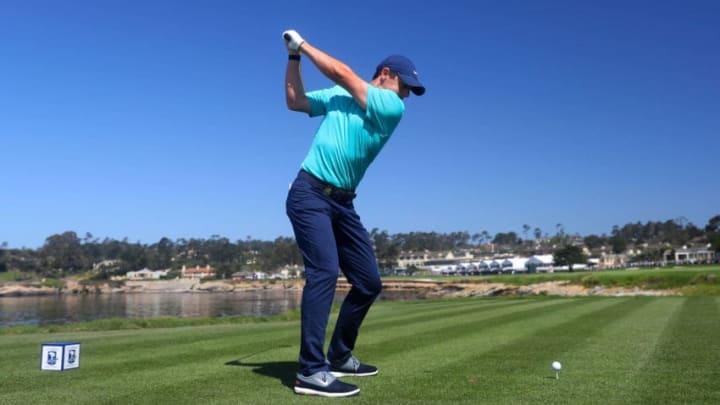 PEBBLE BEACH, CALIFORNIA - JUNE 11: Rory McIlroy of Northern Ireland plays a shot from the 18th tee during a practice round prior to the 2019 U.S. Open at Pebble Beach Golf Links on June 11, 2019 in Pebble Beach, California. (Photo by Warren Little/Getty Images)