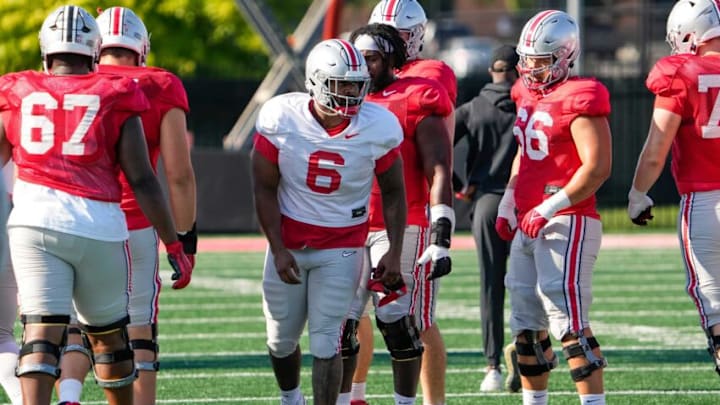 Aug 11, 2022; Columbus, OH, USA; Ohio State Buckeyes defensive tackle Taron Vincent (6) runs during football camp at the Woody Hayes Athletic Center. Mandatory Credit: Adam Cairns-The Columbus DispatchOhio State Football Camp Aug 11, 2022; Columbus, OH, USA; Ohio State Buckeyes defensive tackle Taron Vincent (6) runs during football camp at the Woody Hayes Athletic Center. Mandatory Credit: Adam Cairns-The Columbus DispatchOhio State Football Camp
