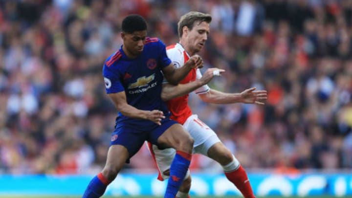 LONDON, ENGLAND – MAY 07: Marcus Rashford of Manchester United and Nacho Monreal of Arsenal compete for the ball during the Premier League match between Arsenal and Manchester United at the Emirates Stadium on May 7, 2017 in London, England. (Photo by Richard Heathcote/Getty Images)