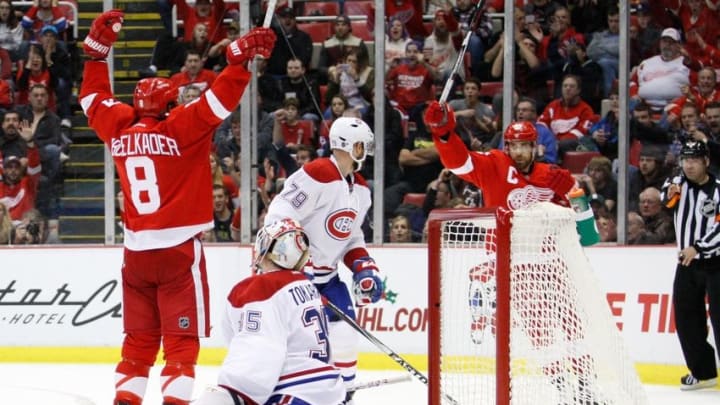 Dec 10, 2015; Detroit, MI, USA; Detroit Red Wings left wing Justin Abdelkader (8) celebrates after scoring a goal on Montreal Canadiens goalie Dustin Tokarski (35) during the third period at Joe Louis Arena. Red Wings win 3-2. Mandatory Credit: Raj Mehta-USA TODAY Sports