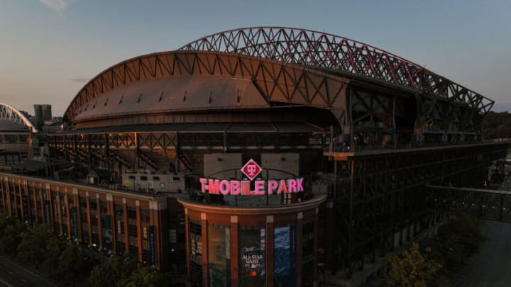 SEATTLE, WASHINGTON - JUNE 21: A general aerial view of the stadium seen from a drone outside T-Mobile Park at sunset before the MLB All-Star Week photographed on June 21, 2023 in Seattle, Washington. (Photo by Steph Chambers/Getty Images)