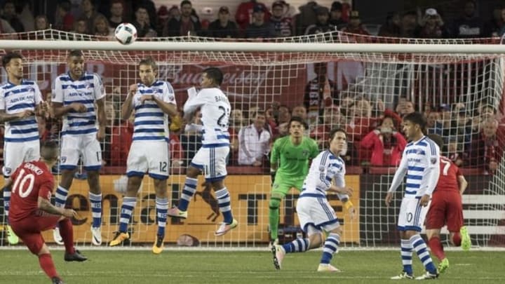 May 7, 2016; Toronto, Ontario, CAN; Toronto FC forward Sebastian Giovinco (10) kicks a free kick during the first half in a game against FC Dallas at BMO Field. Toronto FC won 1-0. Mandatory Credit: Nick Turchiaro-USA TODAY Sports