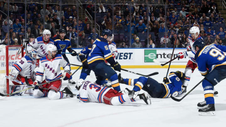 ST. LOUIS, MO - DECEMBER 31: The New York Rangers defend the net against the St. Louis Blues at Enterprise Center on December 31, 2018 in St. Louis, Missouri. (Photo by Joe Puetz/NHLI via Getty Images)