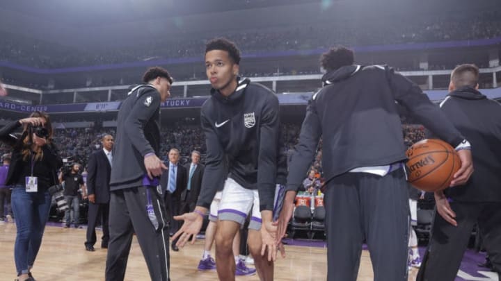 SACRAMENTO, CA - JANUARY 2: Skal Labissiere #7 of the Sacramento Kings gets introduced into the starting lineup against the Charlotte Hornets on January 2, 2018 at Golden 1 Center in Sacramento, California. NOTE TO USER: User expressly acknowledges and agrees that, by downloading and or using this photograph, User is consenting to the terms and conditions of the Getty Images Agreement. Mandatory Copyright Notice: Copyright 2018 NBAE (Photo by Rocky Widner/NBAE via Getty Images)